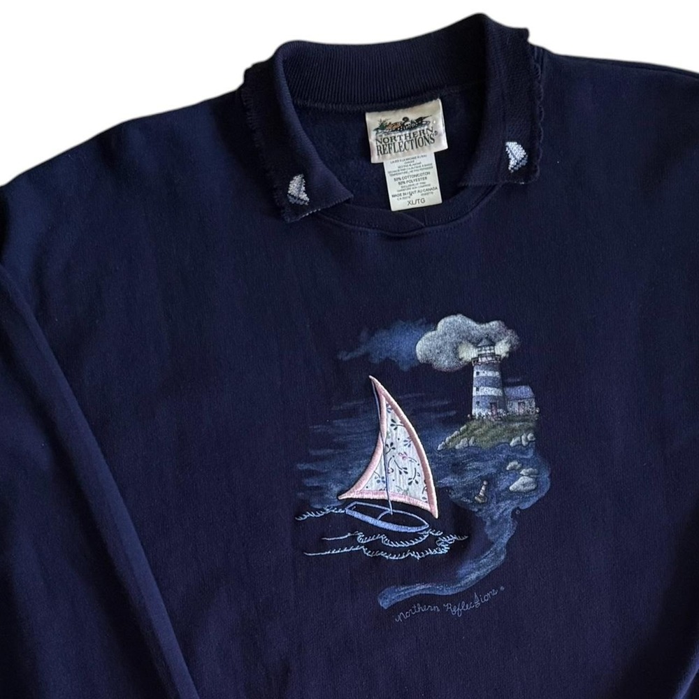Vintage cottagecore grandma navy blue collared crewneck sweatshirt XL lighthouse
